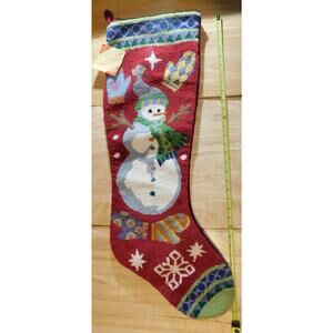 Christmas Snowman Stocking Handmade Wool Needlepoint by Jabara Vintage
